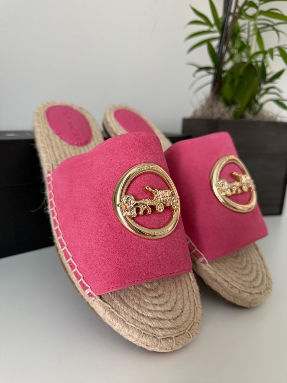 Coach Pink Suede Espadrille Slide with Gold Emblem - Picture 2 of 5